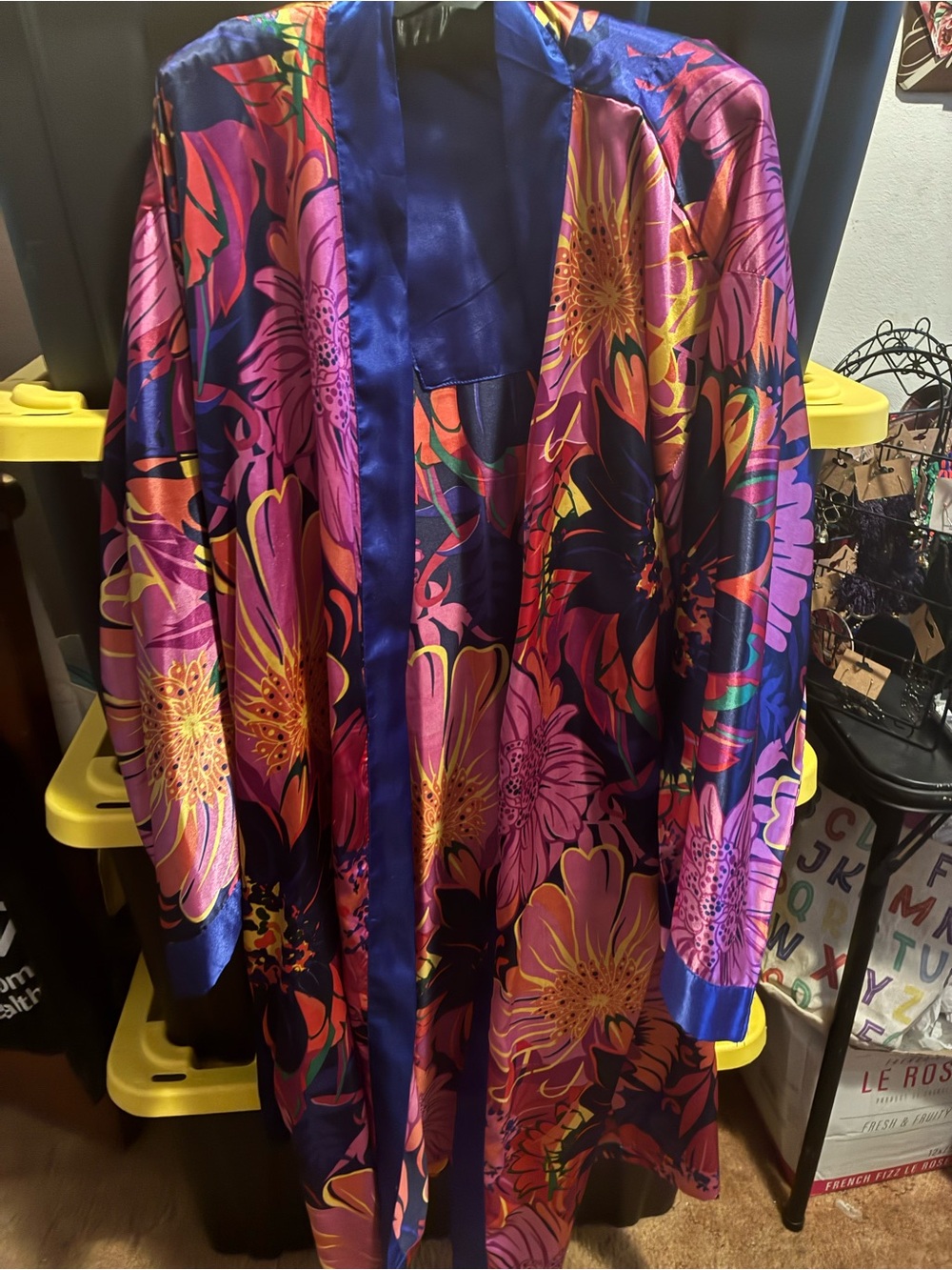 Ashro Satin Floral Kimono Robe in Blue, Pink and Purple